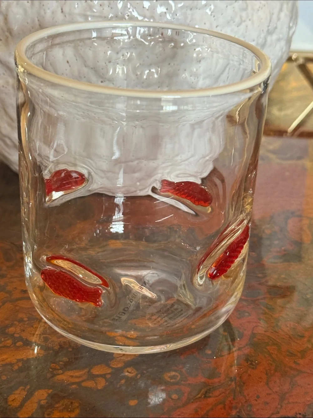 Anthropologie Clear Glass with Red Fish Accents